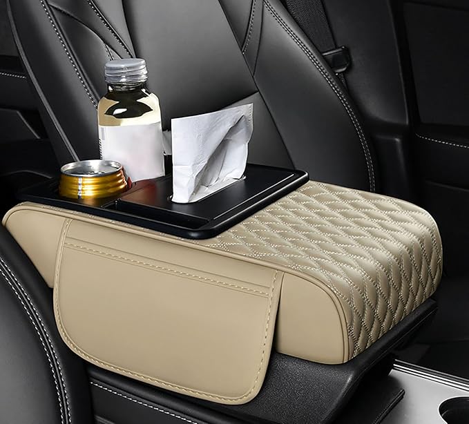 Car Armrest Center Console Cover for Subaru XV/Subaru Crosstrek (GP) 1.Gen 2012 2013 2014 2015 2016 2017, Center Console Pad with Cup Holder, Multifunctional Armrest Cushion,E Beige