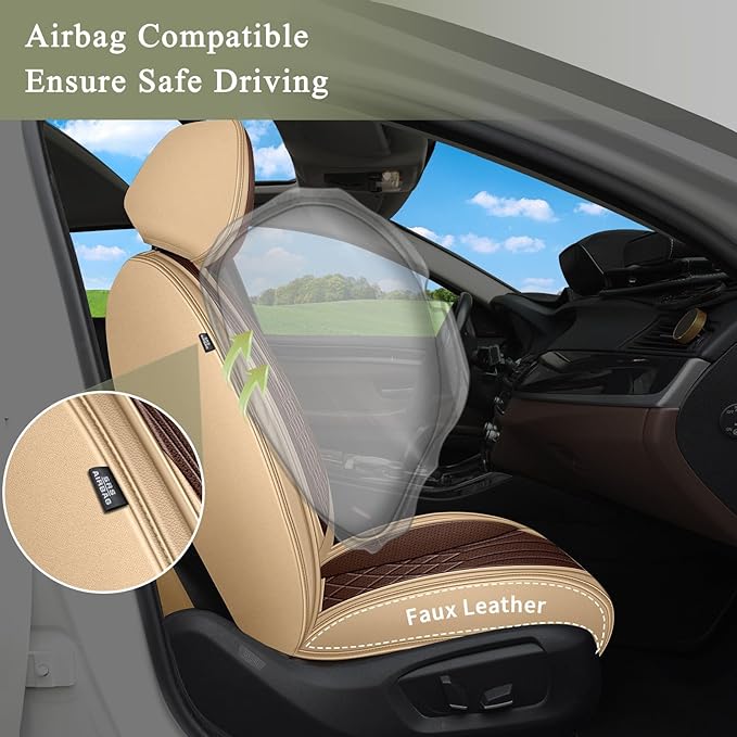 Breathable Car Seat Covers for Nissan Sentra 2009-2025 2026, Perforated Leather Full Set (Beige&Brown)