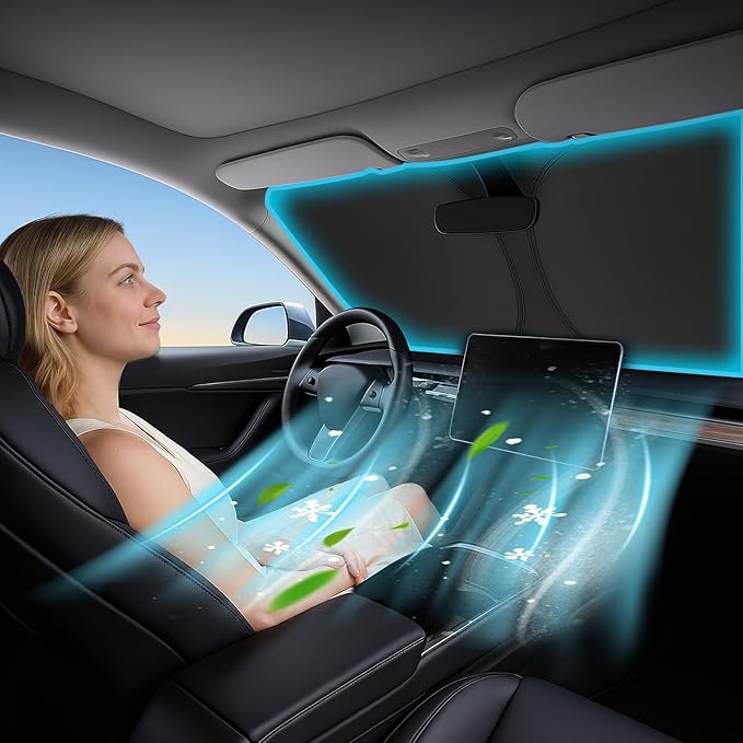 Windshield Sunshade for Tesla Model 3 and Model Y 2017-2026 - Innovative No-Light-Pass Technology, Mirror Cut-Out, Blocks 99% UV Rays, Fade-Resistant, Easy-Fold Model 3 Model Y Windshield Sun Shade