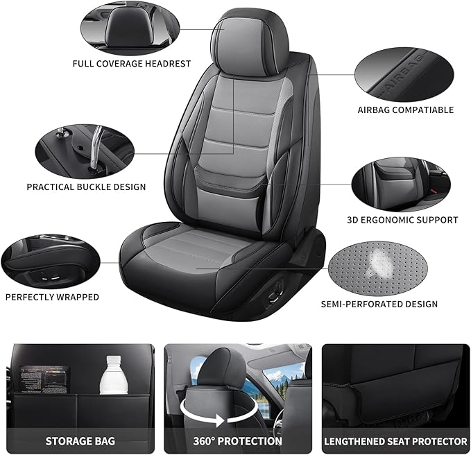 Car Seat Covers Full Set Custom Fit for Ford Edge 2007-2025 2026 - Premium Faux Leather with Lumbar Support, Waterproof, Breathable, Anti-Slip, Easy to Install (Black&Gray,Full Set)