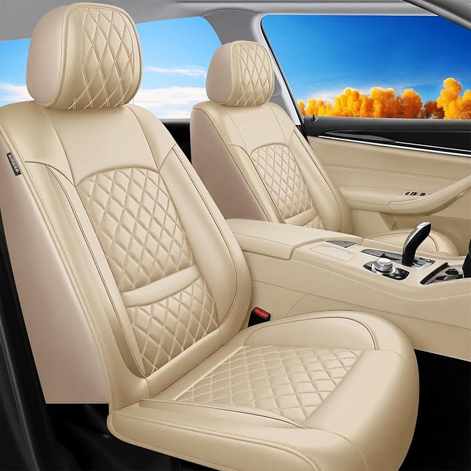 Fit Elantra Car Seat Covers for Hyundai Elantra 2017-2025 2026 - Premium Leather, Waterproof, All-Weather, Airbag Compatible, Anti-Slip, Breathable, Seat Protectors, Full Set, Beige