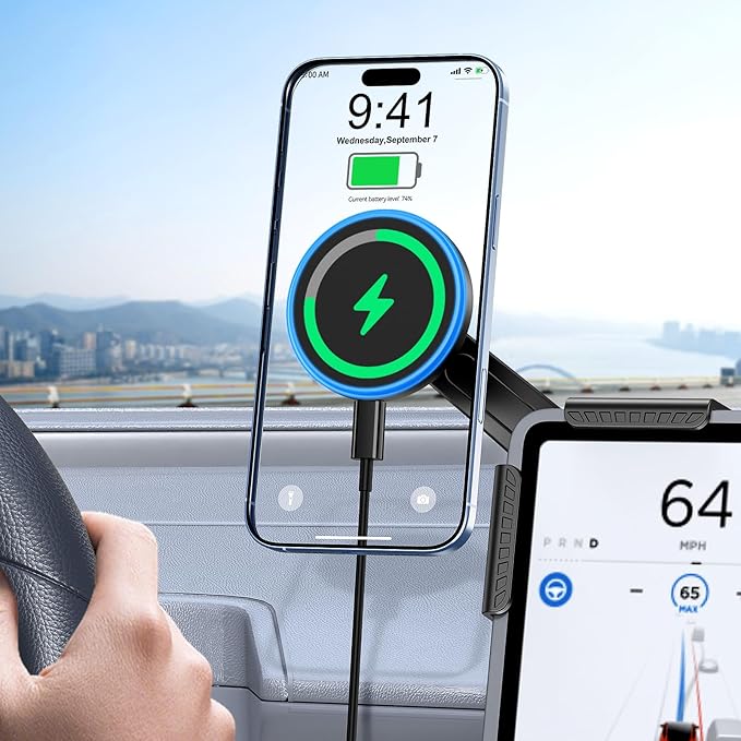 Tesla Car Mount Charger, [Heat Restriction] [LED RGB HandsFree] Wireless Car Phone Holder Charger, Magnetic Phone Holders for Your Car for Tesla Model Y/3/S/X Screen for 17/16/15/14/13/12 Series