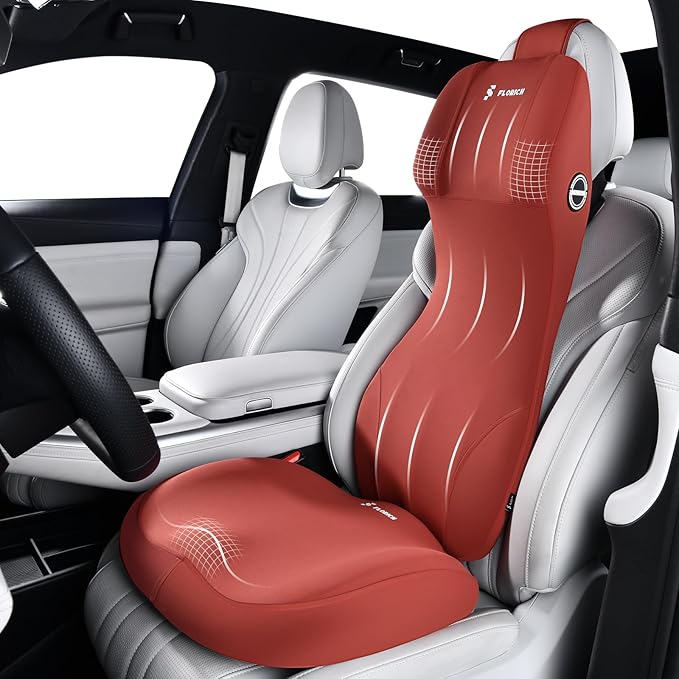 FLORICH Memory Foam Car Seat Cushion with Lumbar Support Headrest Pillow 2-in-1 Ergonomic Back Support and Neck Pillow Car Cushion for Driving Seat Back Rest Pillow Pressure Sciatica Pain Relief, Red