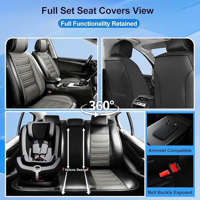 Fit Ridgeline Car Seat Covers for Select Honda Ridgeline 2007-2026 - Premium Full Coverage Leather, Airbag Compatible, Waterproof & All Weather Seat Cushion Protector, Front Pair Black+Gray