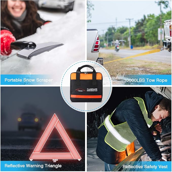 Vetoos Car Roadside Emergency Kit with Jumper Cables, Auto Vehicle Safety Road Side Assistance Kits, Winter Car Kit Essentials for Women and Men, with Car Repair Tool Set, Folding Survival Shovel