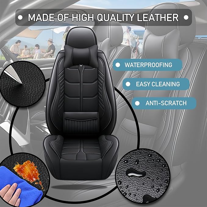 Leather Car Seat Covers Fit for Toyota Camry 2002-2024, 5 Seater Car Seat Cover, Premium Waterproof, Scratch Resistant Car Interior Accessories (Full Set with Pillow Black)