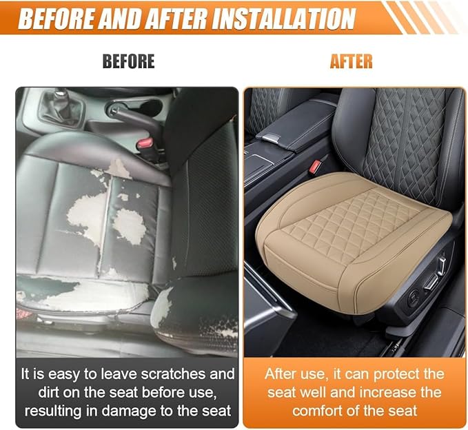Luxury Faux Leather Car Seat Cover, Anti-Slip Waterproof Universal Front Bottom Seat Protector with Storage Pocket, Triangular Pattern Vehicle Seats Cushion for Sedans, SUVs, Trucks (2PCS&Beige)