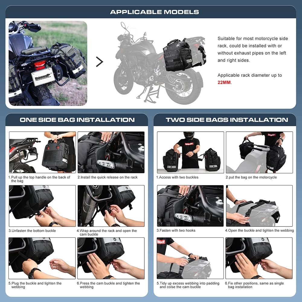 Rhinowalk Motorcycle Saddlebag Waterproof Motor Luggage Pack Quick Release Motorbike Side Bag 20L Fits Most Adventure and Sports Bike Motorcycle Racks(Black, 1 Pack)