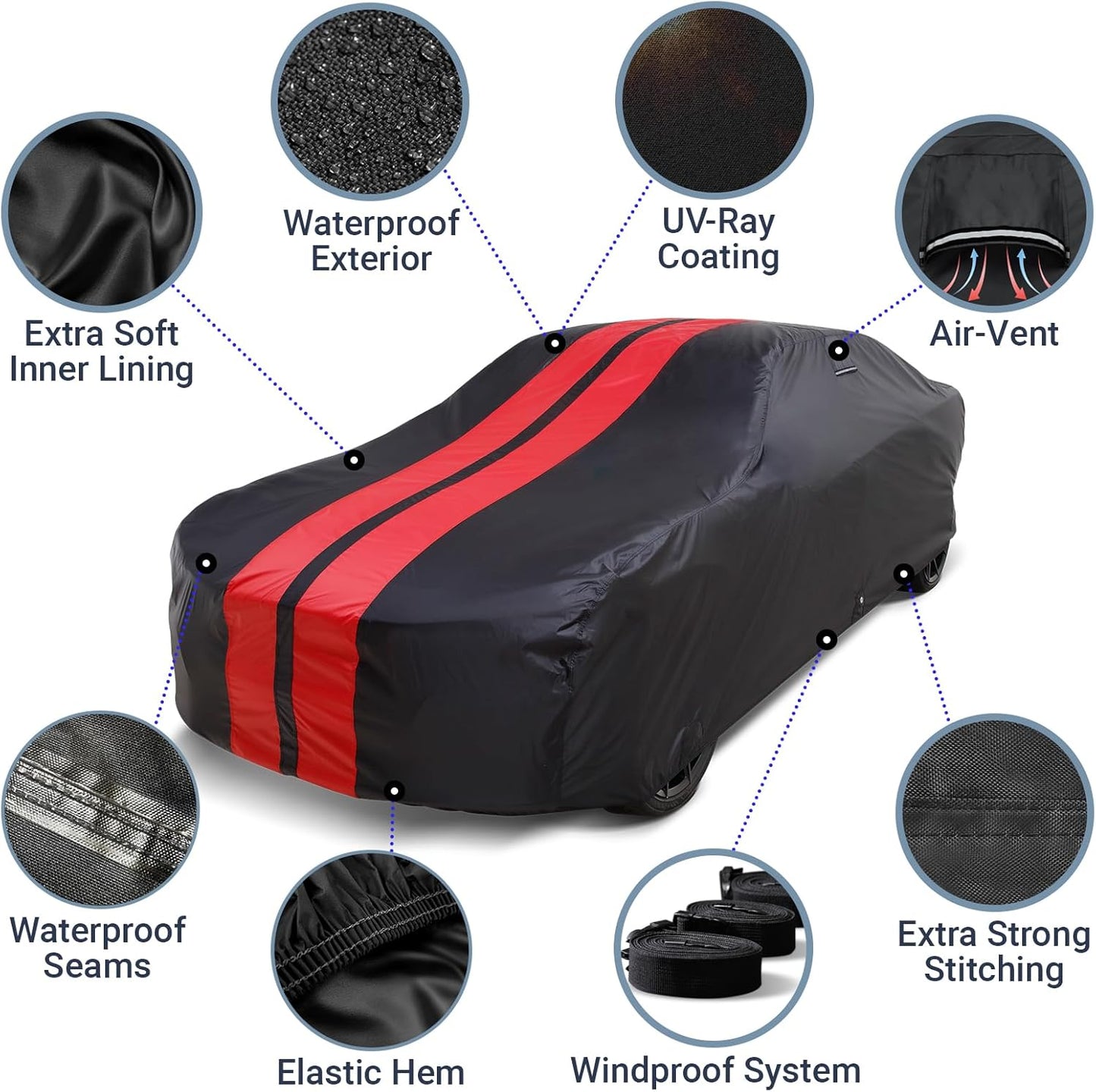 iCarCover Custom Car Cover for Chevy Monza Wagon (1978-1979) Waterproof All Weather Rain Snow UV Sun Protector Full Exterior Indoor Outdoor Car Cover (Stripe - Black/Red)