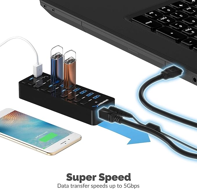 SABRENT 10-Port USB 3.0 Hub, Individual Power Switches and LEDs, 3 Smart Charging Ports, 60W Power Adapter, for PC, Mac, Xbox, PS5, Laptop, Desktop, USB Devices (HB-B7C3)
