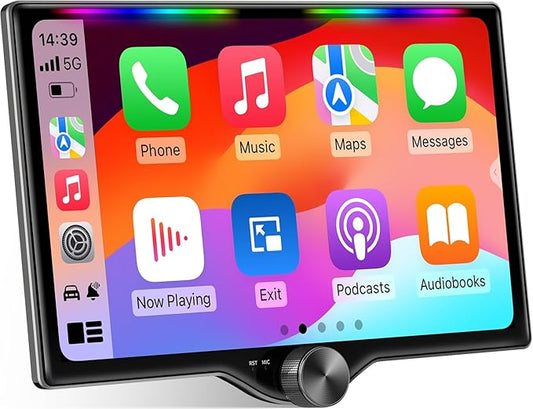 10.1" QLED Double Din Car Stereo with Wireless Carplay & Android Auto, Music Sync Luminous Bar, SWC, Bluetooth, Backup Camera, 240W, Dual Subwoofer Output, Car Radio, Navigation, FM/AM