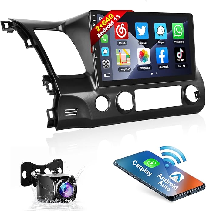 2G+64G Car Stereo for Honda Civic 2006-2011 with Wireless Apple Carplay Android Auto,10.1 Inch Android Touchscreen Car Radio with GPS,Bluetooth,FM/RDS Radio,Mirror Link,HiFi + AHD Backup Camera