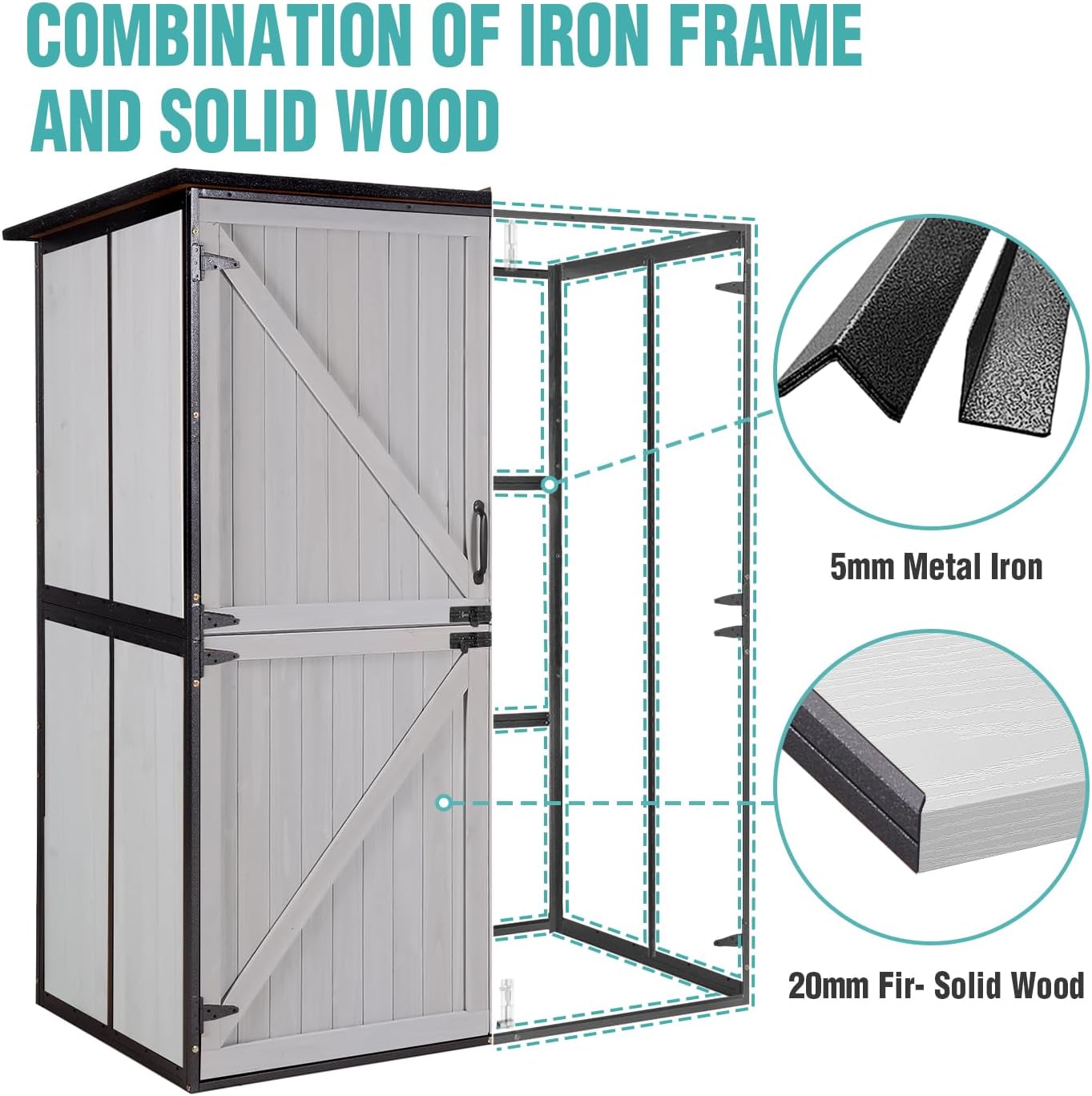 Outdoor Storage Cabinet with Adjustable Shelves, Large Metal Frame Garden Shed for Bike & Tool Storage, Lockable Waterproof Vertical Cabinet Box for Backyard, Patio, Lawn, Deck