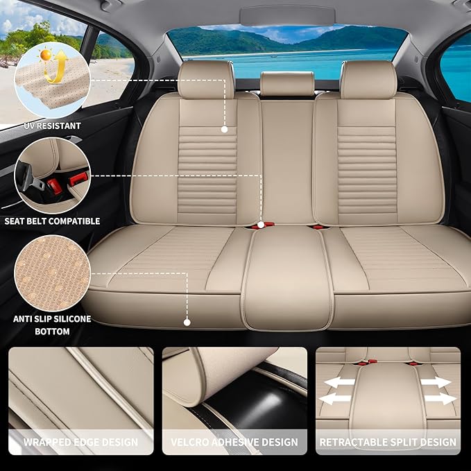 Truck Seat Covers Full Set Fit for Toyota Tacoma 2001-2026, Premium Faux Leather Car Seat Protector,Breathable Anti-Slip Full Wrapping Edge Seat Covers(Beige,Full Set)