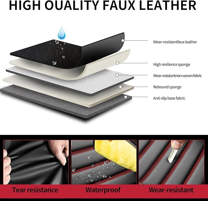 Fit HRV Car Seat Covers for Honda HR-V 2016-2024 2025 2026 - Upgraded Premium Waterproof & Breathable Leather, Airbag Compatible, All-Weather Seat Cushion Protector (Full Set, Black+Red)