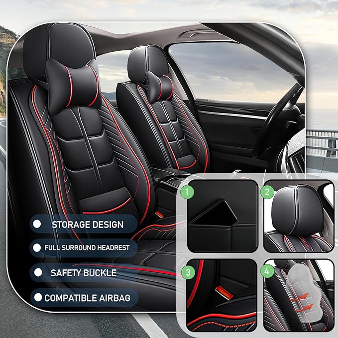 Leather Car Seat Covers Fit for Toyota Corolla Cross 2022-2024, 5 Seater Car Seat Cover, Premium Waterproof, Scratch Resistant Car Interior Accessories (Full Set with Pillow Black Red)