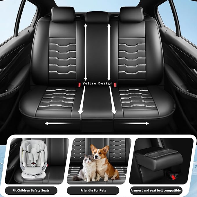 Fit Frontier Car Seat Covers Premium Leather for Nissan Frontier 2009-2025 2026. Waterproof， Breathable, Scratch-Resistant & All-Weather Seat Cushion Protector（Front Seat,White Line Black