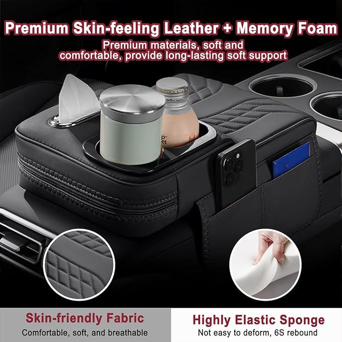 Car Armrest Storage Box for Infiniti QX60 2013–2025 2020 2021 2022 2023 2024, Sport-Style Center Console Organizer with Side Pocket, PU Leather Armrest Cushion, Elbow Support Pad,D Beige