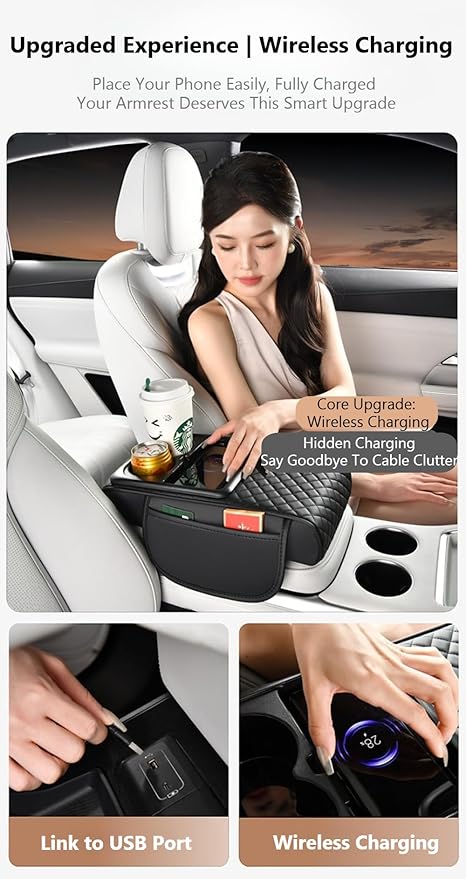 Car Armrest Pad with Built-in Induction Charging, Leather Center Console Cushion with 15W Power Pad, Dual Cup Holders, Storage Pockets - Orange