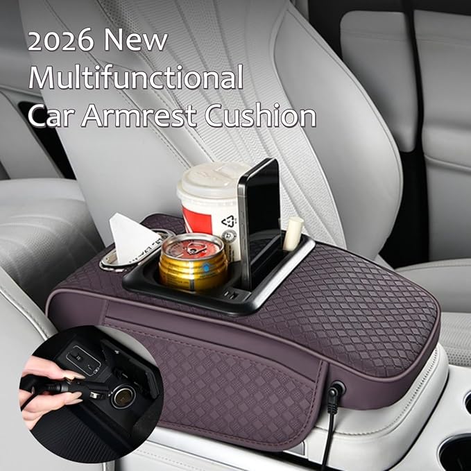 2026 Enhanced Car Center Console Armrest Cushion with USB& Type-C Charging, PU Leather Console Pad with Cup Holders, Storage& Tissue Outlet for Most Vehicles (Flat Version, Orange)