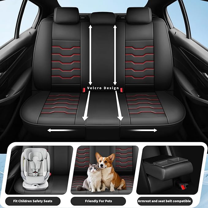 Fit Kicks Car Seat Covers Premium Leather Compatible with Nissan Kicks 2018 2019-2026 (5 Seats Full Set Waterproof Breathable All-Weather Seat Cushion Protector（5 Seats Red Line Black)