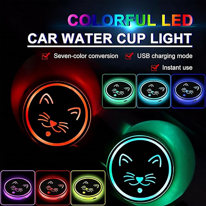 Cat LED Cup Holder Lights for Car,2Pcs LED Light Up Cup Holder Coasters with USB Charging 7 Colors 3 Modes,Waterproof Interior Atmosphere Lamp,Car Decor Accessories Cat Gifts for Women Men