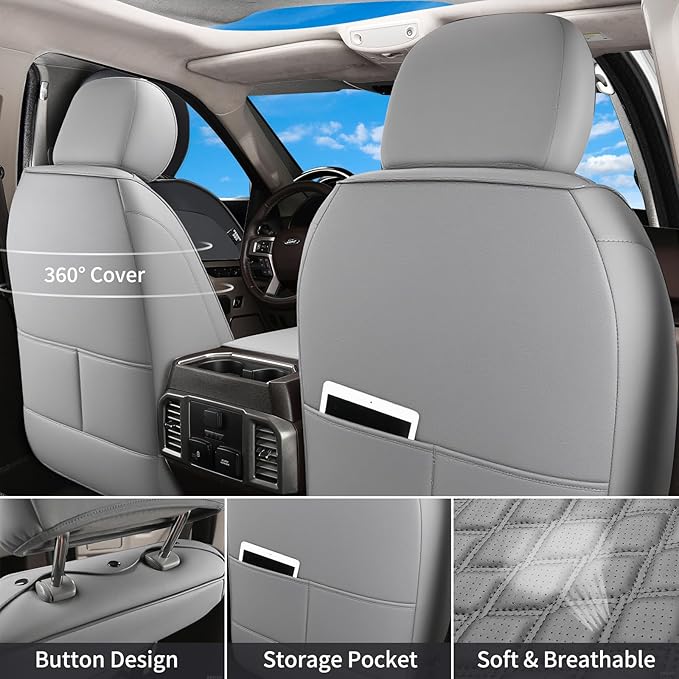 Huidasource Tacoma Front&Back Seat Covers, Gray Leather Car Seat Cushion Cover Accessories Fit for 2016-2023 Double & Crew Cab Toyota Tacoma SR SR5 Limited TRD Sport/Pro/Off Road(Full Set/Gray)
