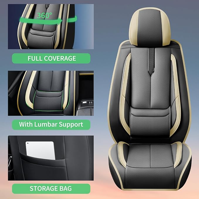 Fit Elantra Car Seat Covers for Hyundai Elantra 2017-2024 2025 2026 -Upgraded Premium Waterproof & Breathable Leather,Airbag Compatible,All-Weather Seat Cushion Protector,2 Front/Black-Beige