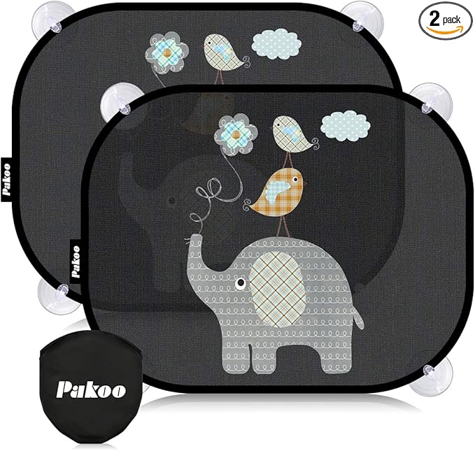 Car Sun Shade for Baby with UV Protection, 2 Pack UV Protection Breathable Car Window Sun Shade for Children with Cute Animal Motifs, 17.7 x 14 inches Sun Shades with 8 Cups
