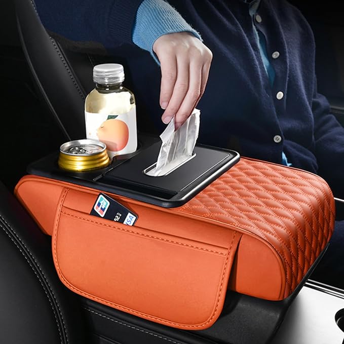Car Center Console Armrest Pad, Arm Rest Box Cushion with Ergonomic Height Boost, Storage Pockets, Built-in Tissue Box, Cupholder, Fit for Most Sedan Vehicles (Embroidery Water Ripple, Orange)