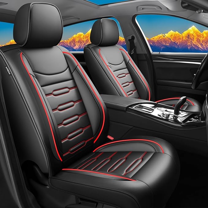 Fit Santa Fe Car Seat Covers for Hyundai Santa Fe 2007-2025 2026 - Upgraded Premium Waterproof & Breathable Leather,Airbag Compatible, All-Weather Seat Cushion Protector(Full Set,Black+Red)