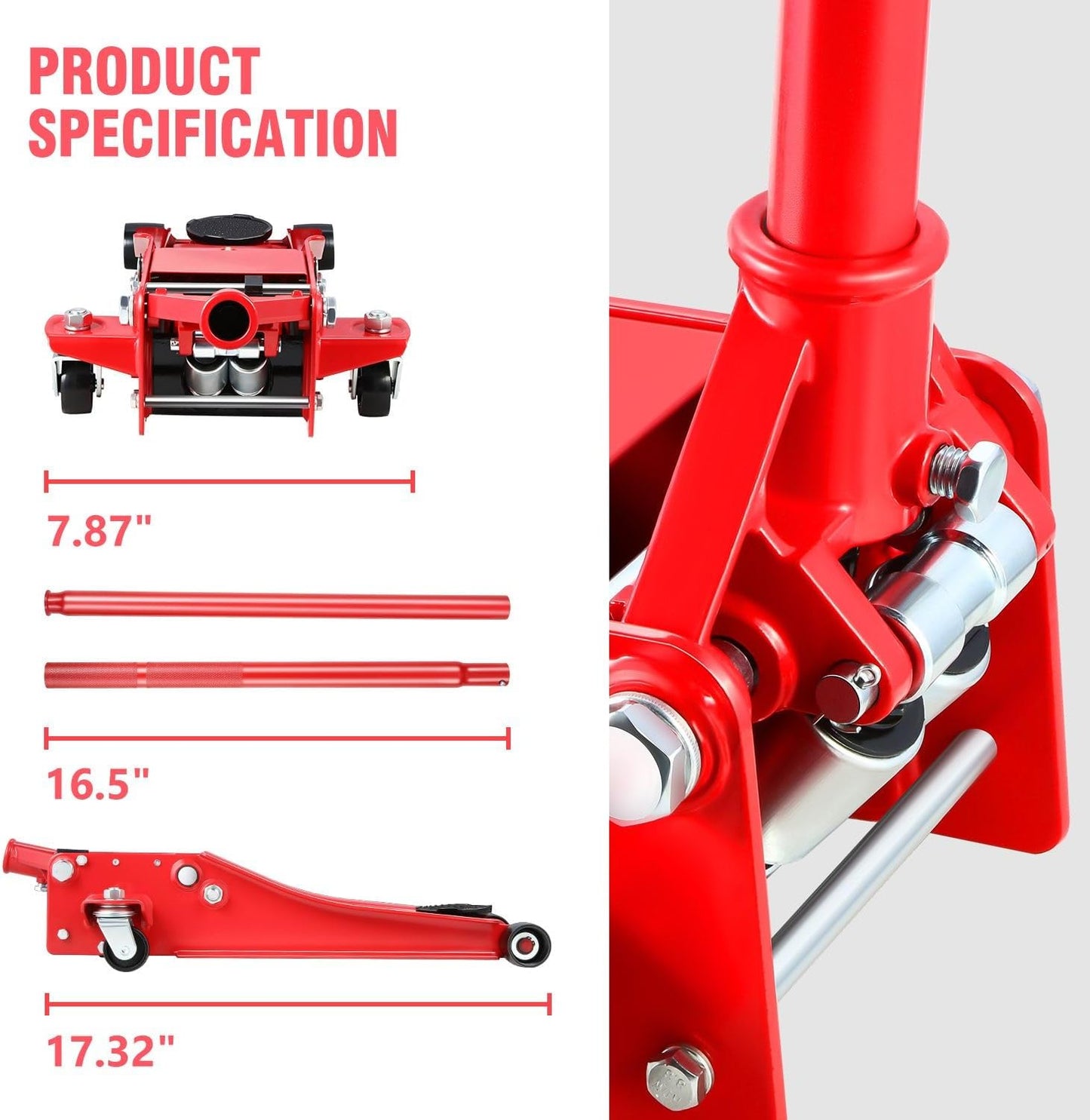 DNA MOTORING Low Profile Hydraulic Trolley Service/Floor Jack, 3 Ton (6000 lbs) Capacity Heavy Duty Hydraulic Car Jack, Lifting Range 3"-20", TOOLS-00475-RD