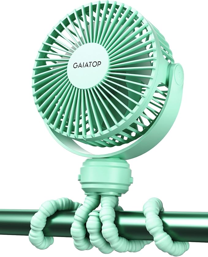 Gaiatop Mini Portable Stroller Fan, Battery Operated Small Clip on, Detachable 3 Speed Rechargeable, 360° Rotate Flexible Tripod Better Cooling for Car Seat Crib Treadmill Travel Green