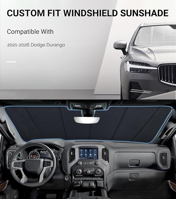 Windshield Sun Shade for Dodge Durango 2021-2025. Reflective Aluminum Film Front Window Sunshade - BLAZBLOCK