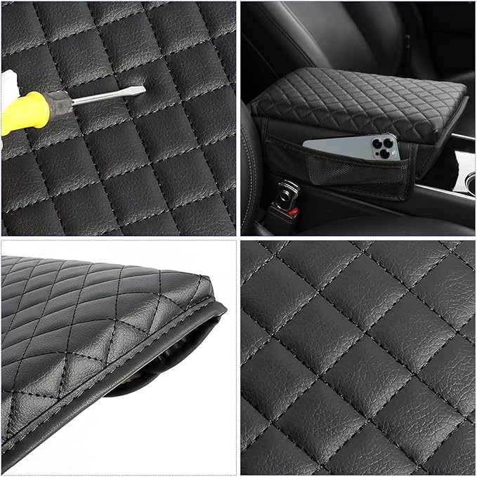 zipelo Car Armrest Cushion, Carbon Fiber Leather Auto Center Console Pad, Memory Foam Armrest Box with Storage Bag, Hand Rest Pillow with Organizer Pockets, Universal Fit for Most Vehicles (Black)