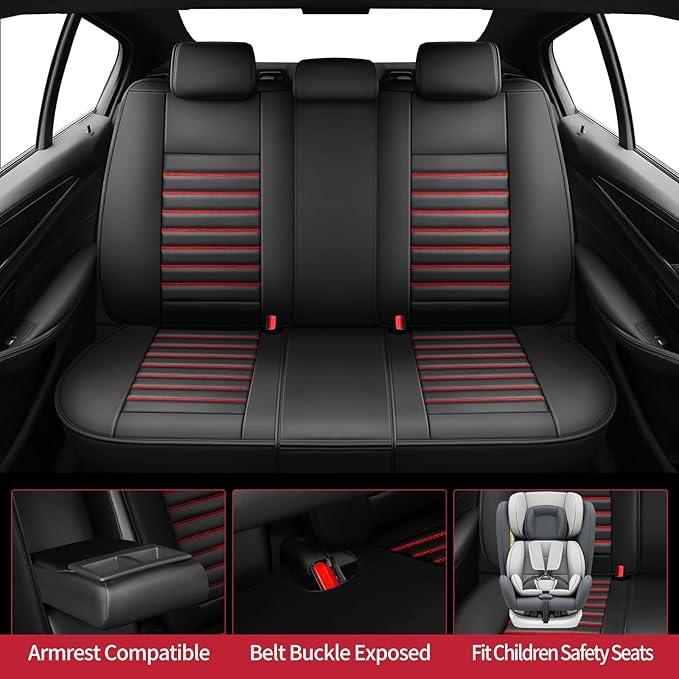 Fit Accord Car Seat Covers for Honda Accord 2003-2024 2025 2026 - Upgraded Premium Waterproof & Breathable Leather, Airbag Compatible, All-Weather Seat Cushion Protector (Full Set, Black+Red)