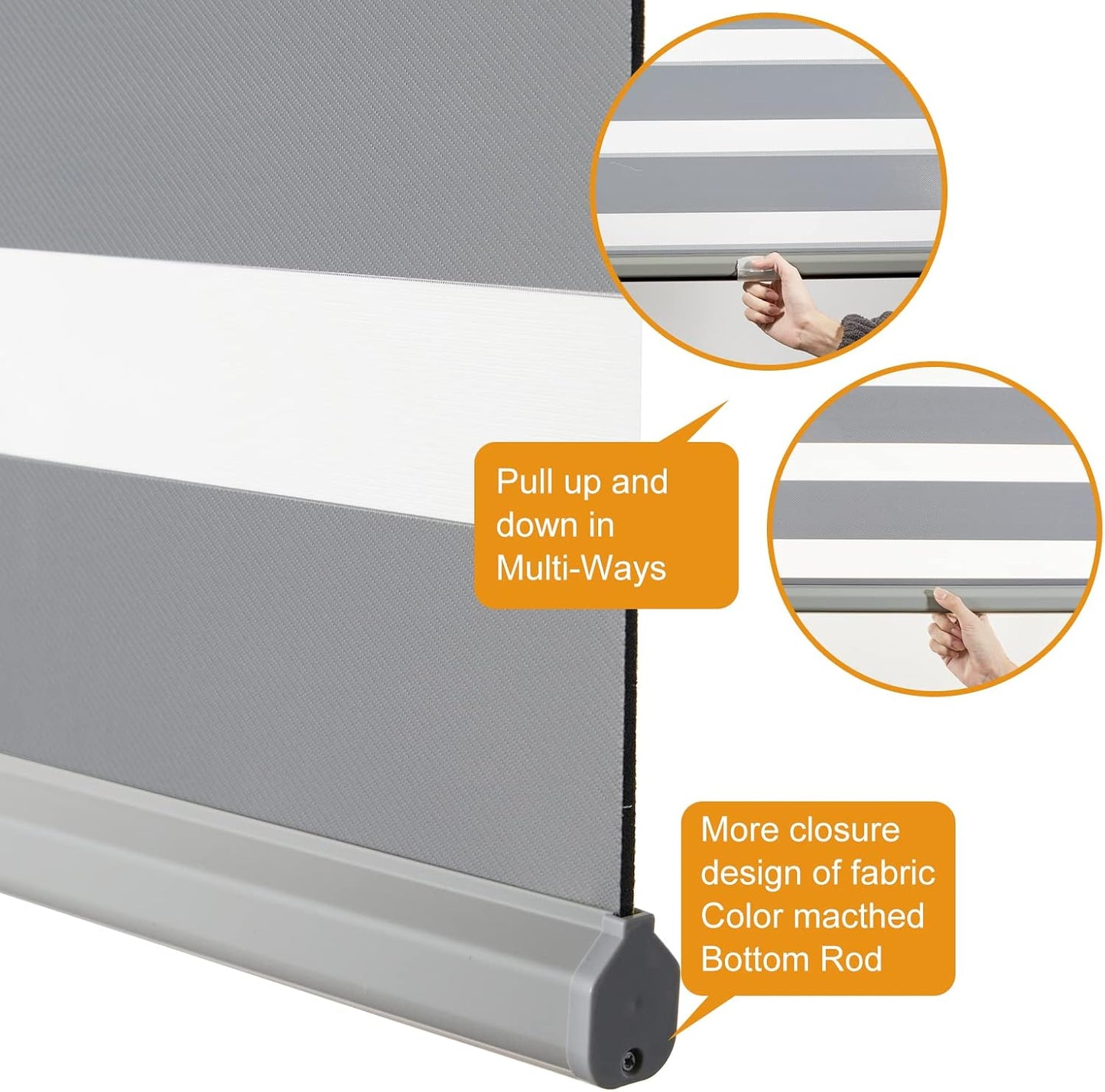 Persilux Cordless Zebra Blinds for Windows Free-Stop Roller Window Shades (39" W X 72" H, Grey) Dual Layer Light Control for Day and Night, Light Filtering Sheer Shades for Home, Easy to Install