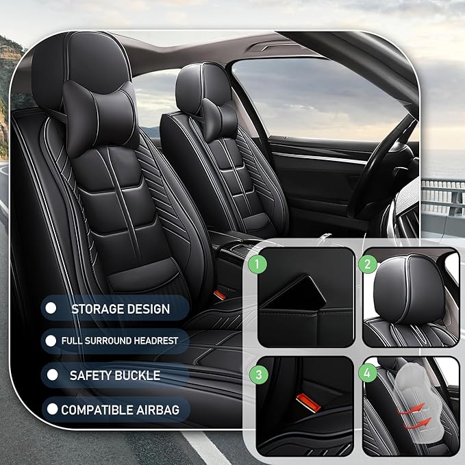 Leather Car Seat Covers Fit for Toyota Yaris 2007-2020, 5 Seater Car Seat Cover, Premium Waterproof, Scratch Resistant Car Interior Accessories (Full Set with Pillow Black)