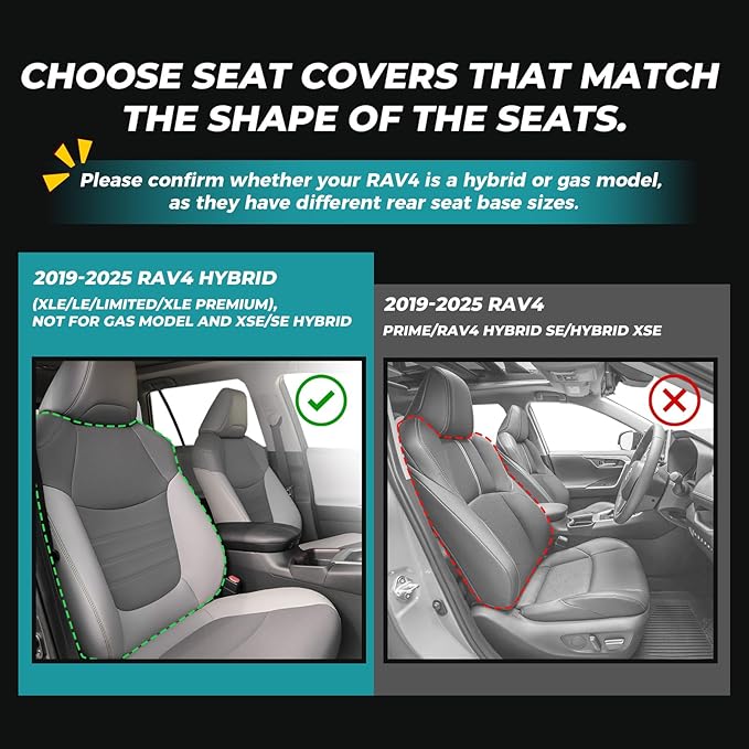 for Toyota RAV4 Seat Covers 2019 2020 2021 2022 2023 2024 2025 RAV 4 Prime & Hybrid XLE LE Limited XLE Premium (Not for XSE/SE Hybrid) - Custom Leather Car Seat Covers Full Set - BlackGrey