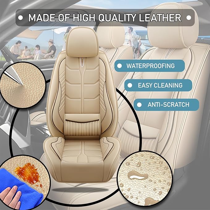 Leather Car Seat Covers Fit for Toyota Yaris Sedan 2019-2020, 5 Seater Car Seat Cover, Premium Waterproof, Scratch Resistant Car Interior Accessories (Full Set Beige)