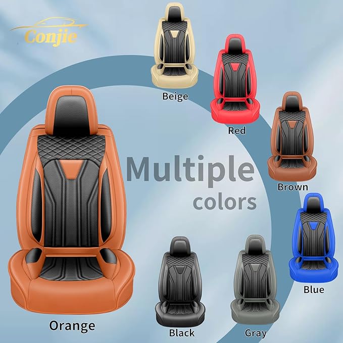 Fit Kona Car Seat Covers for Select Hyundai Kona 2018-2025 2026. Premium Leather, Waterproof， Breathable, Scratch-Resistant & All-Weather Seat Cushion Protector (Front Pair, Orange&Black)