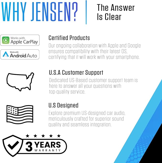 JENSEN J1CA10FL-R 10.1-inch Certified Apple CarPlay Android Auto Wired Wireless | LED Illuminated Light Ring | Single DIN & Double DIN Touchscreen Car Stereo | Bluetooth | Front & Rear Camera Inputs