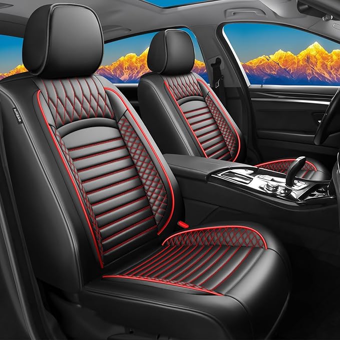 Fit Prius Car Seat Covers for Toyota Prius 2001-2024 2025 2026 - Upgraded Premium Waterproof & Breathable Leather, Airbag Compatible, All-Weather Seat Cushion Protector (Full Set, Black+Red)