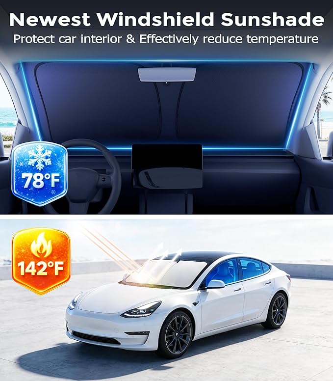 DMJN Windshield Sun Shade - Medium, Car Sunshade for Front Windshield [100% Efficient Block UV & Scorching Sun] UPF50+ Heat Block - Protect Interior & Keep Cooler