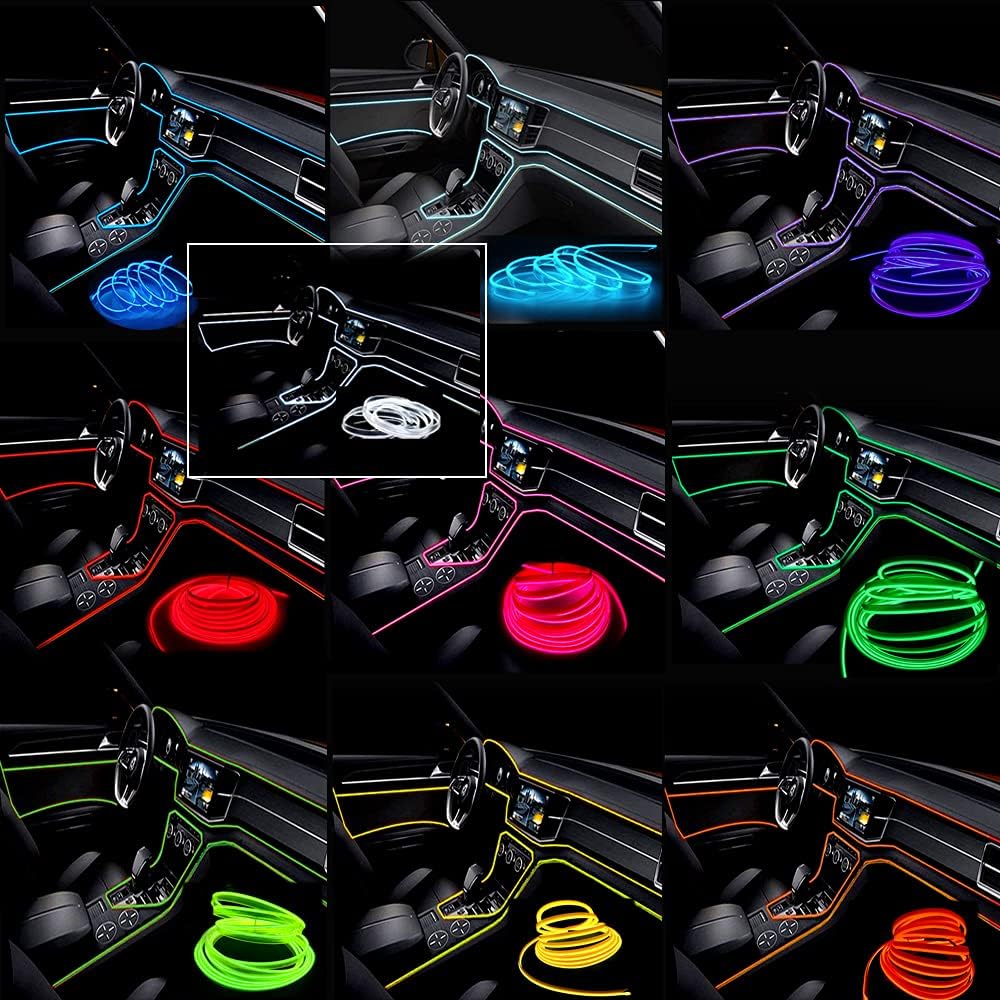 El Wire Green Interior Car LED Strip Lights, 10M Neon Wire USB 5V with Fuse Protection for Automotive Car Interior Decoration with 6mm Sewing Edge
