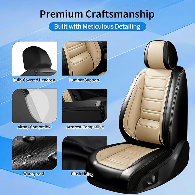 Fit Sonic Car Seat Covers for Select Chevrolet/Chevy Sonic 2012-2020, Premium Full Coverage Leather, Airbag Compatible, Waterproof All Weather Seat Cushion Protector, Full Set, Black+Beige