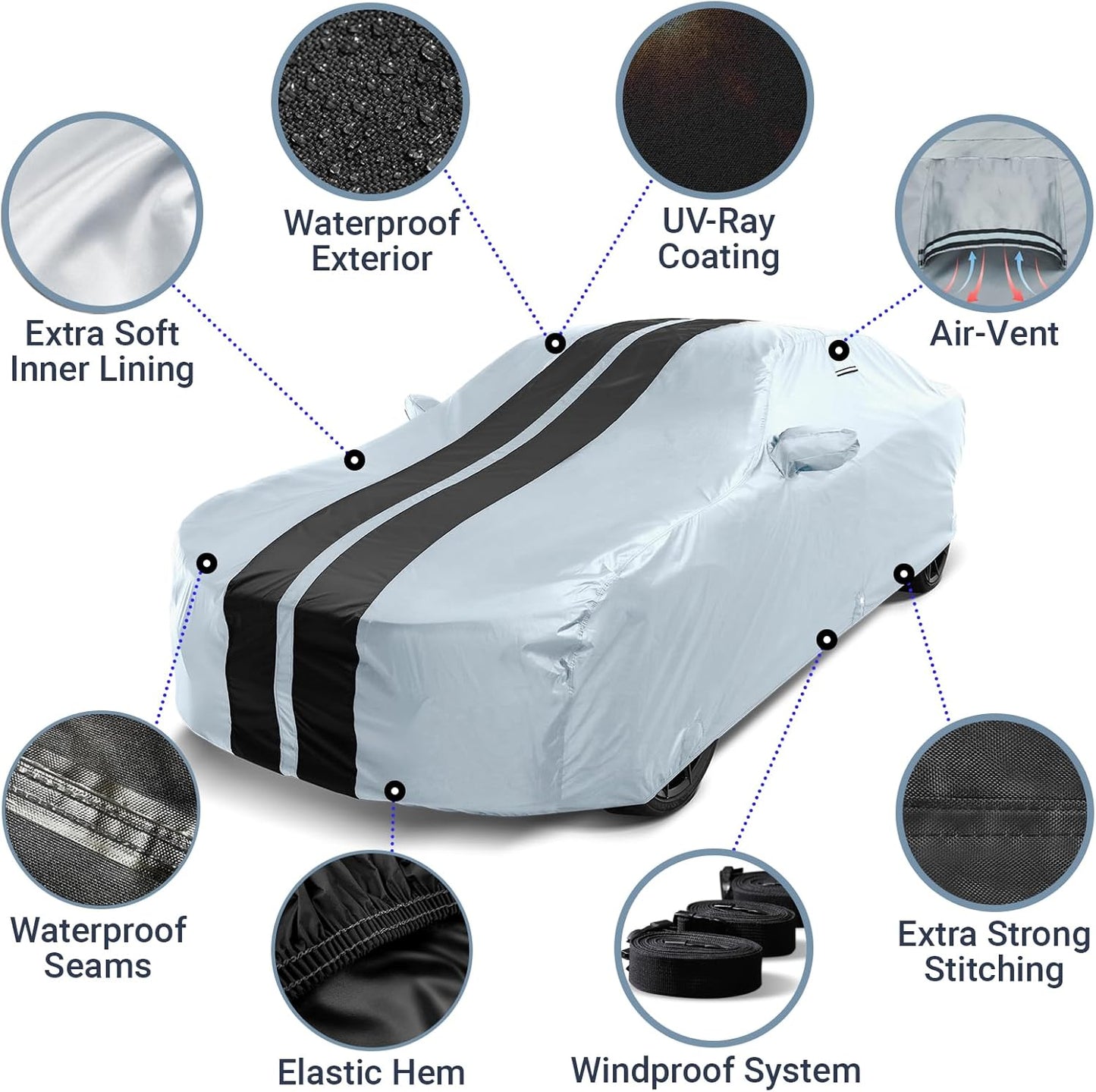 iCarCover Custom Car Cover for Chevy Cruze Sedan (2009-2019) Waterproof All Weather Rain Snow UV Sun Protector Full Exterior Indoor Outdoor Car Cover (Stripe - Gray/Black)