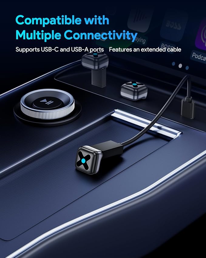 Ultra Mini Android Auto & CarPlay Wireless Adapter, Latest A9 Chip 5.8GHZ WiFi, 5.4 Bluetooth, 3-5s Auto Connect, USB-C/USB-A/Extension Cable, Compatible with iOS10+, Android 10+, CE/ROHS/FCC