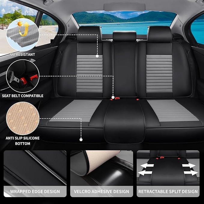 Car Seat Covers Full Set Fit for Toyota Yaris 2007-2020, Premium Faux Leather Car Seat Protector,Breathable Anti-Slip Full Wrapping Edge Seat Covers(Black&Gray,Full Set)
