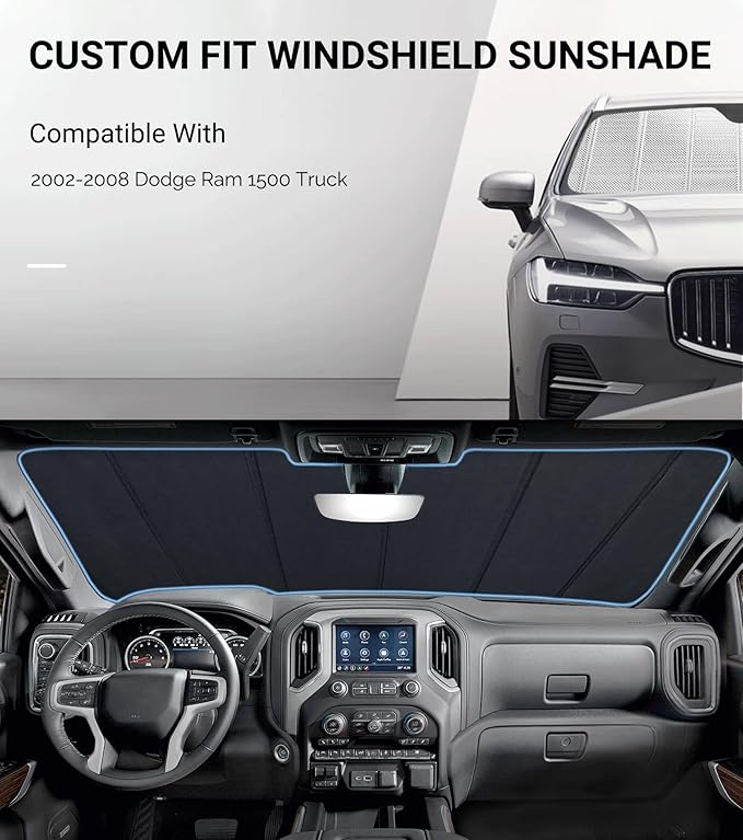 Windshield Sun Shade for Ram 1500 2002-2008. Reflective Aluminum Film Front Window Sunshade - BLAZBLOCK